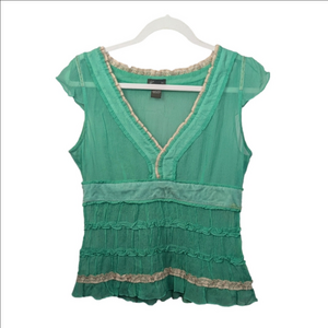 Green and Cream Sheer Silk Ruffles Babydoll Top Size 10